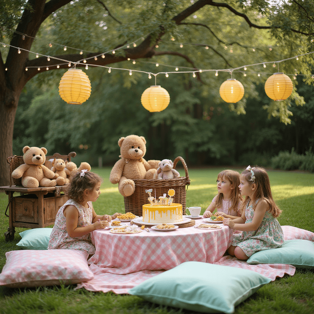 A whimsical teddy bear picnic in a lush garden features pastel checkered tables surrounded by plush cushions, wicker baskets filled with teddy bears, a honey-themed dessert cart with a golden cake and cookies, twinkling fairy lights, and little girls in floral dresses having tea with their stuffed animals in soft morning light.