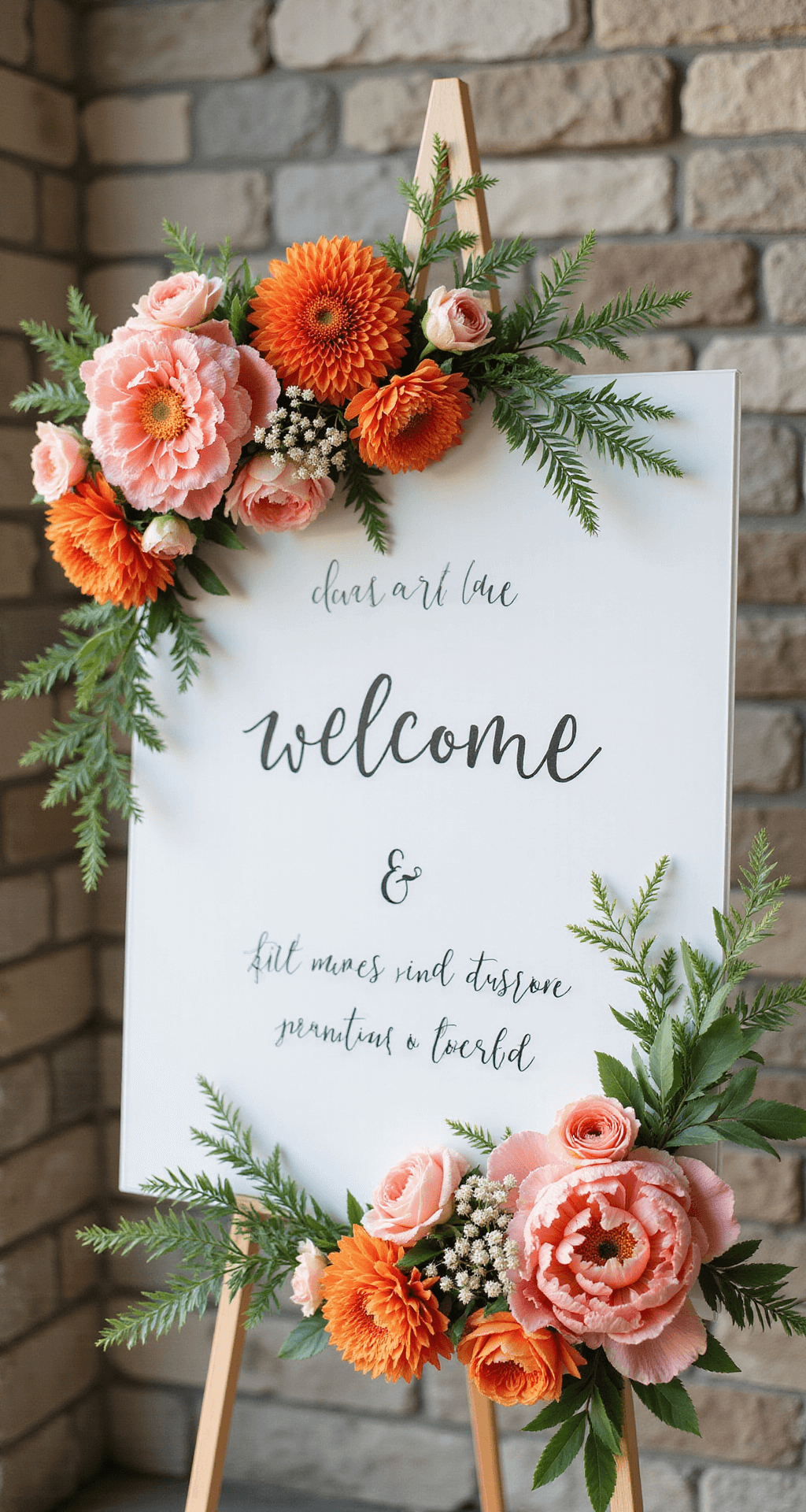Close-up of a welcome sign with modern calligraphy on white acrylic, surrounded by coral charm peonies, orange dahlias, and blush ranunculus, set against a textured stone wall with soft afternoon light casting shadows.