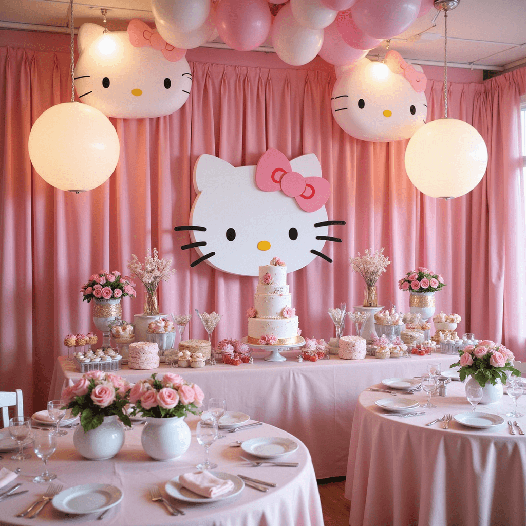 A vibrant indoor playroom themed with Hello Kitty decorations, featuring pink drapery, a life-sized Hello Kitty backdrop, round tables with silk tablecloths and floral centerpieces, a dessert table with a tiered cake and treats, oversized pastel balloons overhead, and soft lighting from Hello Kitty lamps.