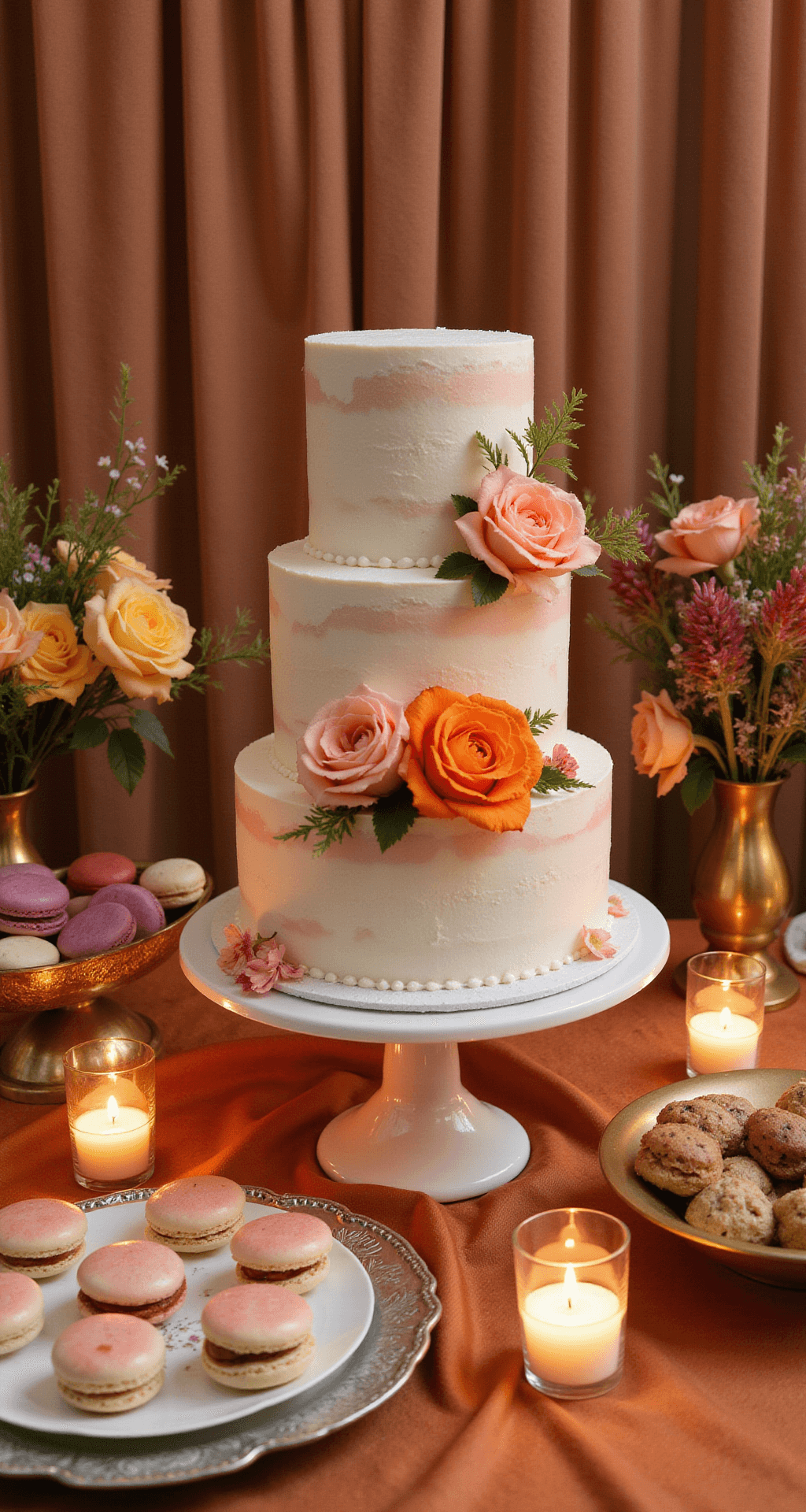 A warm candlelit dessert display featuring a three-tiered white cake adorned with fresh flowers in a gradient from light pink to vibrant orange, surrounded by varying heights of dessert vessels filled with macarons and petit fours, with champagne coupes nearby. Vintage brass vessels hold loose floral arrangements, while a sheer copper fabric backdrop reflects soft light from votive candles.