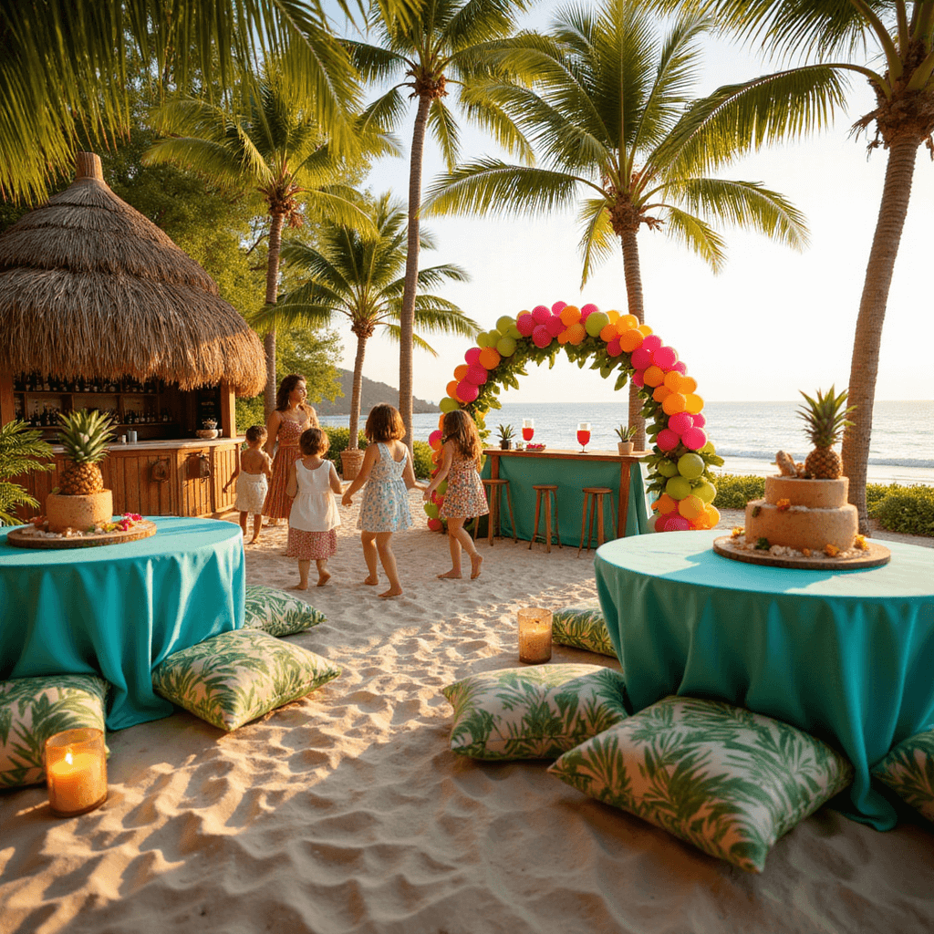 A vibrant tropical luau on a beachfront with tiki torches, low tables adorned with bright linens, tropical-themed centerpieces, a thatched-roof bar, children dancing near a balloon arch, and a two-tiered dessert cake resembling a tropical island, all under warm golden hour sunlight.