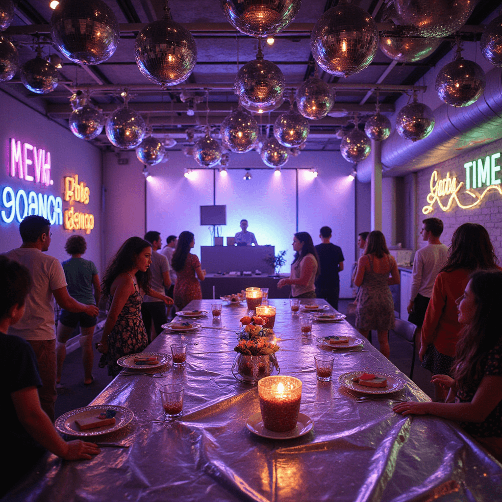 A vibrant disco dance party in a modern loft, featuring multicolored disco balls, LED-lit DJ booth, metallic tables with glittery centerpieces, and a neon dessert station, all with children enjoying the colorful atmosphere and illuminated by lively neon signs.