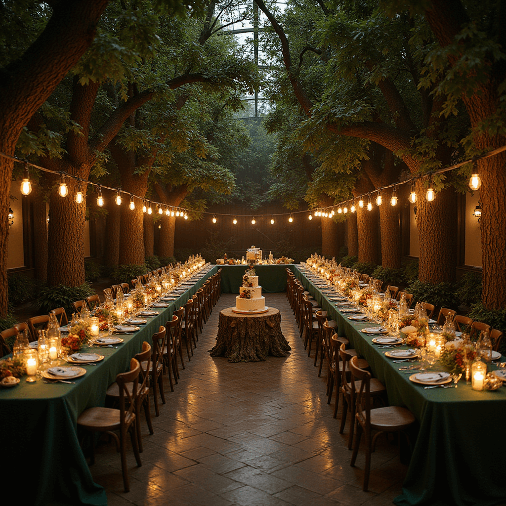 An enchanted forest-themed party in a dimly lit ballroom with faux trees, moss-green banquet tables, woodland centerpieces, hanging lanterns, and a grand tree stump cake, captured from an elevated angle, showcasing the magical atmosphere and guests' awe.