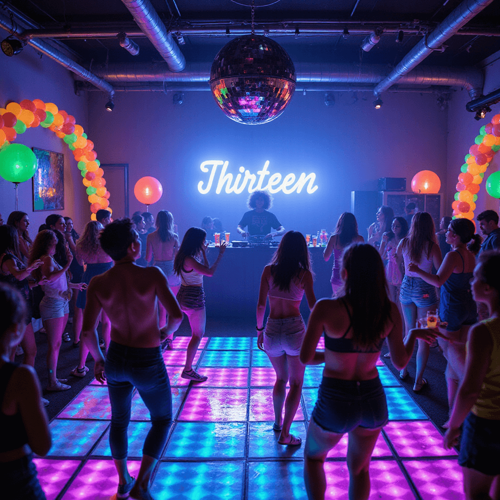 A vibrant glow-in-the-dark dance party in a modern loft, featuring excited teens dancing under blacklights, neon decorations, colorful LED tiles, and a disco ball. A DJ spins tracks behind a glowing booth, with balloon arches and neon signage spelling 'Thirteen' in the background. Glow stick bracelets and neon mocktails circulate among the guests.