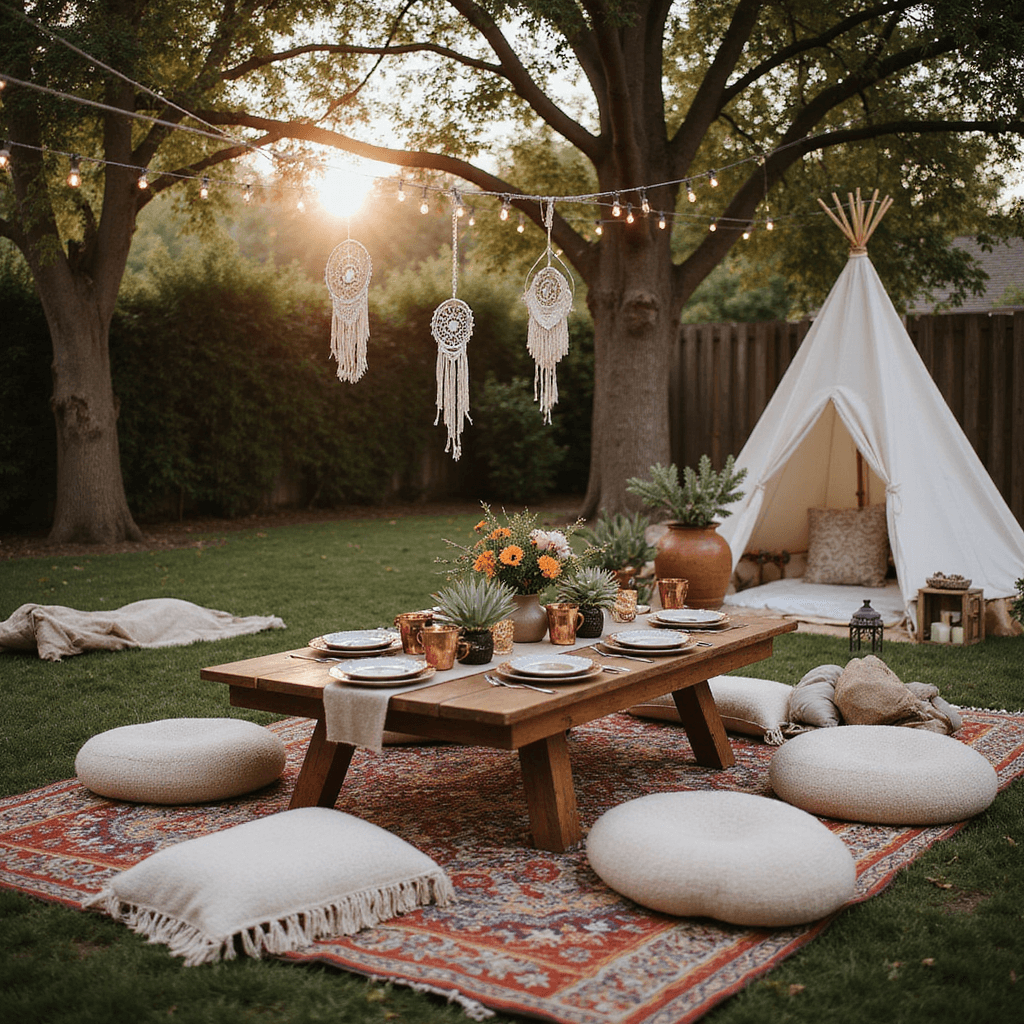 A boho-inspired backyard celebration at golden hour, featuring a low table with eclectic decor, plush cushions, and fairy light-draped teepee, creating a cozy and stylish atmosphere for guests.