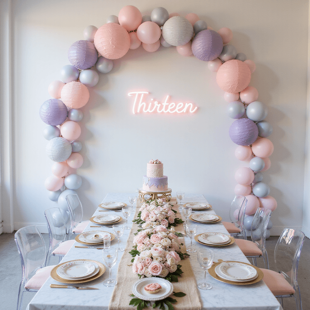 A light-filled minimalist loft with a long marble table adorned with pale pink and lavender roses, ghost chairs with blush cushions, gold-rimmed plates, geometric placemats, paper lanterns overhead, an ombré balloon backdrop, a neon 'Thirteen' sign, and lucite cake stands filled with pastel-frosted treats.