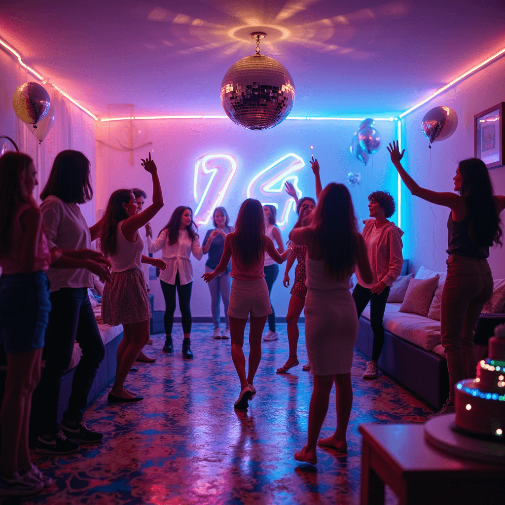 A vibrant disco-themed 14th birthday party in a stylish living room, featuring neon lights, a colorful dance floor, teens dancing under a giant disco ball, an enthusiastic DJ, metallic balloons, and a glittery tiered cake on a dessert table.