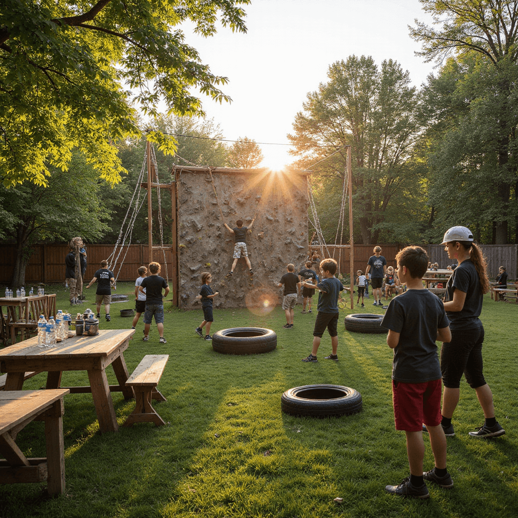 A lively outdoor birthday party scene for a 14th birthday, featuring teens navigating a lush backyard obstacle course with rope swings, tire challenges, and a rock climbing wall. Warm golden hour sunlight filters through the trees, illuminating friends cheering below. Nearby tables display water bottles and energy snacks, while custom team t-shirts, a scoreboard, and a finish line banner reading '14th Birthday Adventure' add to the festive atmosphere.