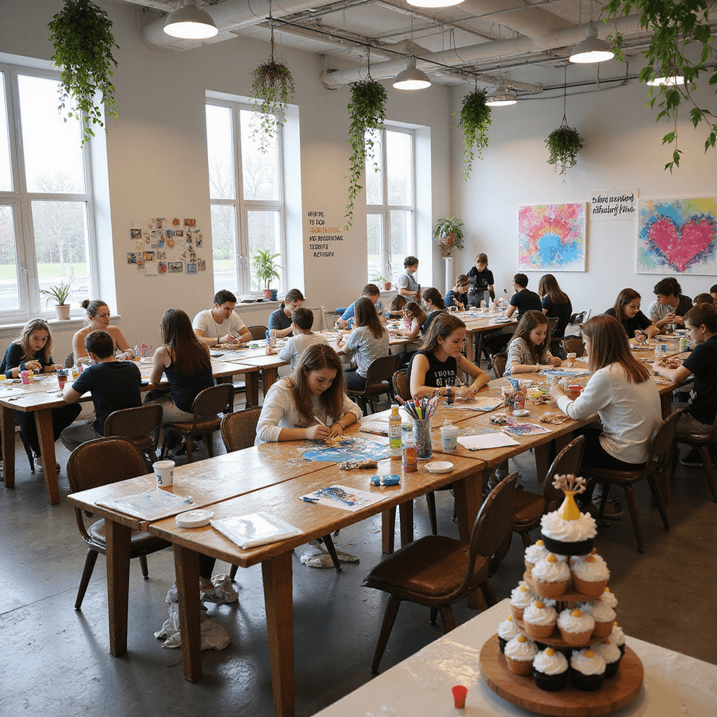 A vibrant art studio filled with teens enjoying a creative workshop for a 14th birthday, featuring colorful art supplies, various crafts like painting and tie-dye, mismatched chairs, and a cupcake tower adorned with art-themed toppers.