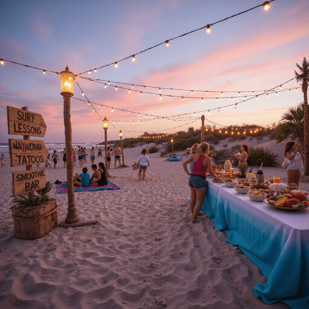 A vibrant beach party scene for a 14th birthday at sunset, featuring tiki torches, string lights, teens playing volleyball, and colorful beach towels. Includes a driftwood sign with activity stations, a long table with tropical foods, seashell decorations, surfboards, and teens taking selfies against the pink and orange sky.