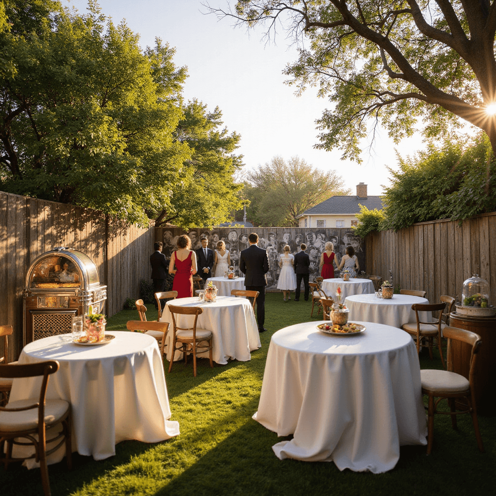 A sunlit backyard party features guests in 1940s attire celebrating an 80th birthday, with circular tables draped in white linens, a hand-painted timeline of sepia-toned photos on the fence, a vintage jukebox playing music, and a dessert cart filled with retro sweets, all illuminated by soft golden hour light. 80th Birthday Party Ideas
