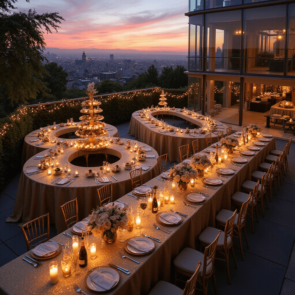 An elegant rooftop terrace at dusk, featuring long tables arranged to form the number '80', dressed in gold linens and adorned with ivory and blush floral centerpieces. Twinkling fairy lights and candles illuminate the space, with a central champagne tower and gourmet hors d'oeuvres. Glass walls showcase a stunning cityscape against a vibrant sunset sky.