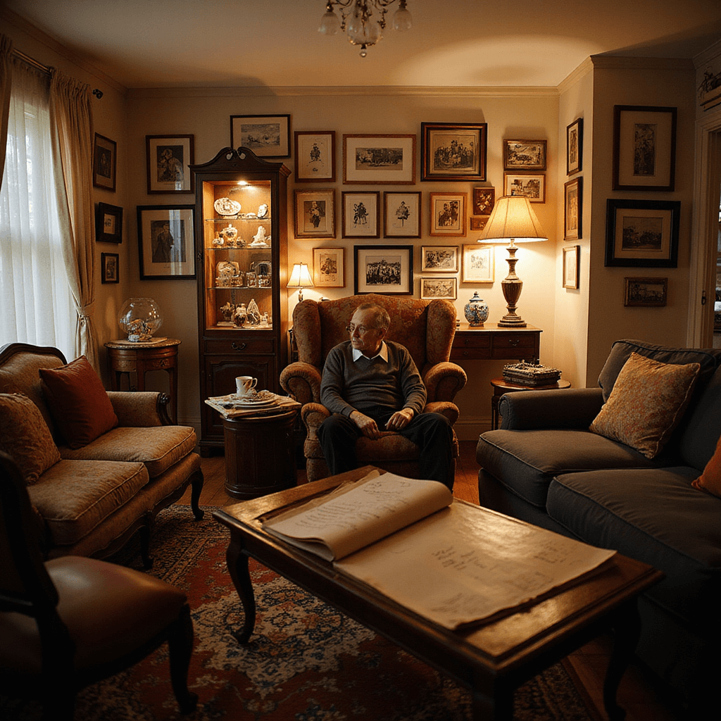 A cozy living room set up for an 80th birthday gathering featuring a vintage velvet armchair occupied by the honoree, surrounded by personal mementos. Soft lamplight highlights display cases filled with cherished objects, and walls showcase a collage of family photos. Guests write messages in a large leather-bound guest book nearby, all amid warm, rich tones that evoke nostalgia.