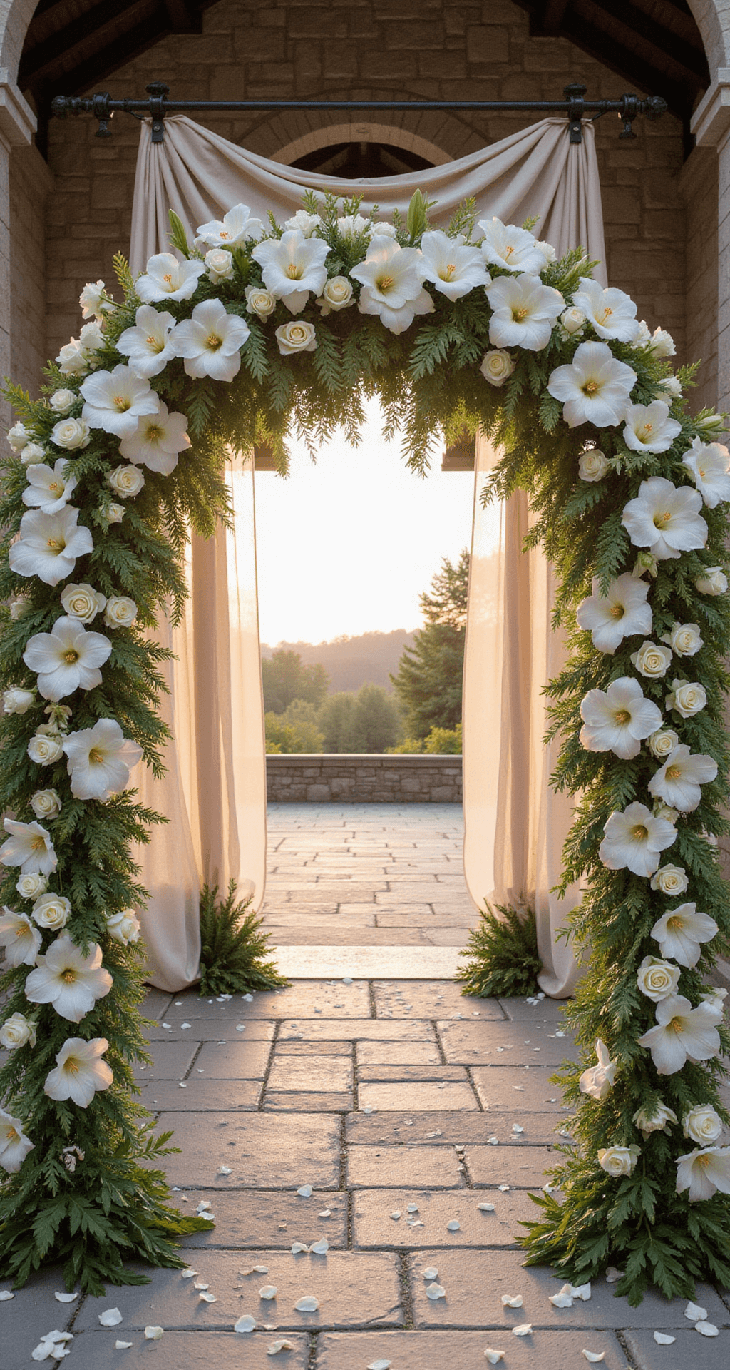 Dramatic floral arch installation featuring cascading white calla lilies and orchids, set against a stone chapel during golden hour, with soft sunlight filtering through sheer drapery and white rose petals on natural stone flooring.