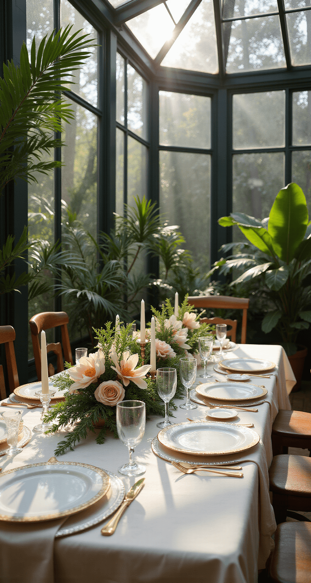 Intimate sweetheart table setting in a glass conservatory featuring ivory silk linens, a low floral arrangement of protea and garden roses, gold-rimmed place settings, and vintage crystal candleholders, with dappled light and botanical shadows cast from overhead tropical foliage.