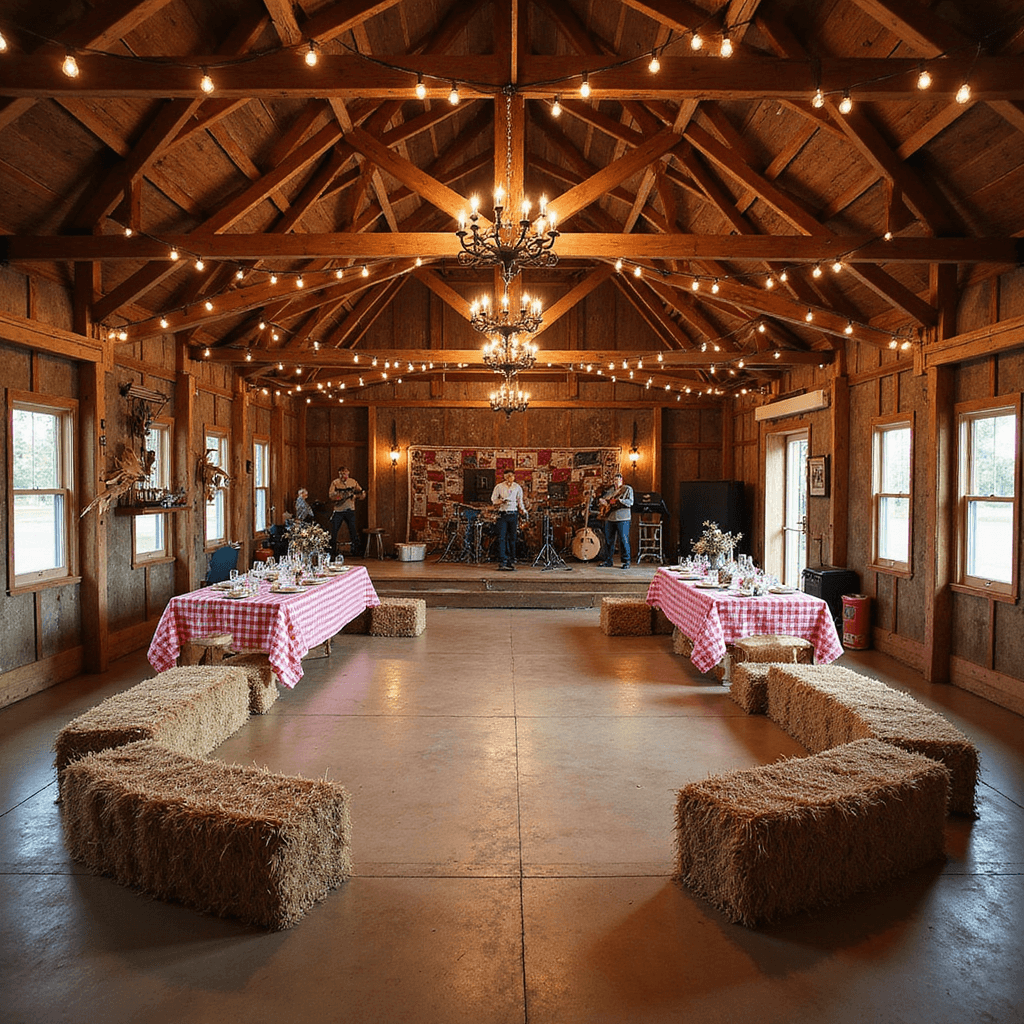 A festive rustic barn interior decorated for an 80th birthday hoedown, featuring hay bale seating, a wooden dance floor, Edison bulb lighting, gingham-draped tables with comfort foods, a live country band stage, and a photo booth with western-themed props, complemented by vintage quilts and cowboy boots.