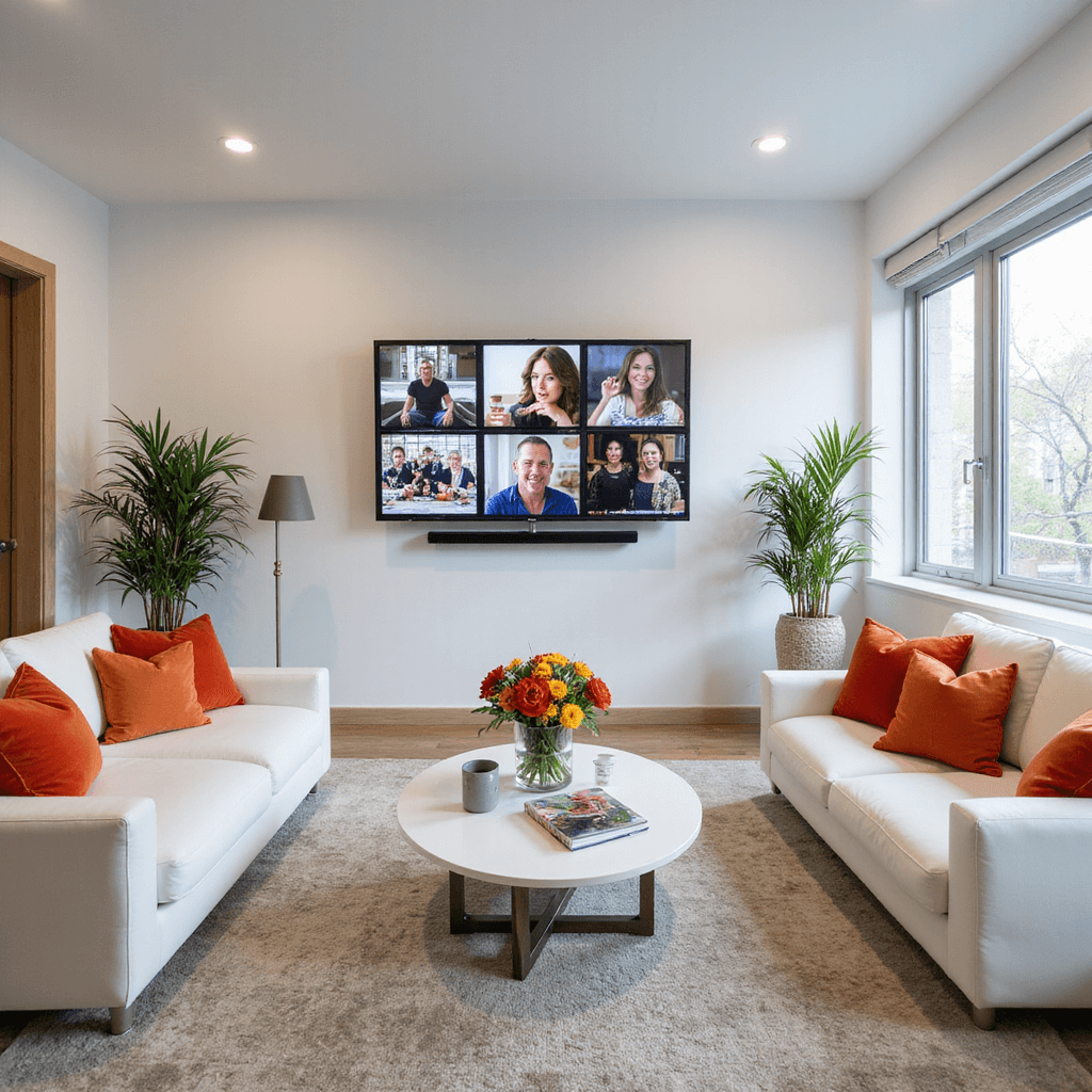 A modern, airy apartment transformed for an 80th birthday celebration, featuring sleek white furniture with colorful accents, a central digital memory wall showcasing a photo slideshow, interactive touchscreen stations for video messages, minimalist floral arrangements, and a high-tech sound system playing an eight-decade playlist.