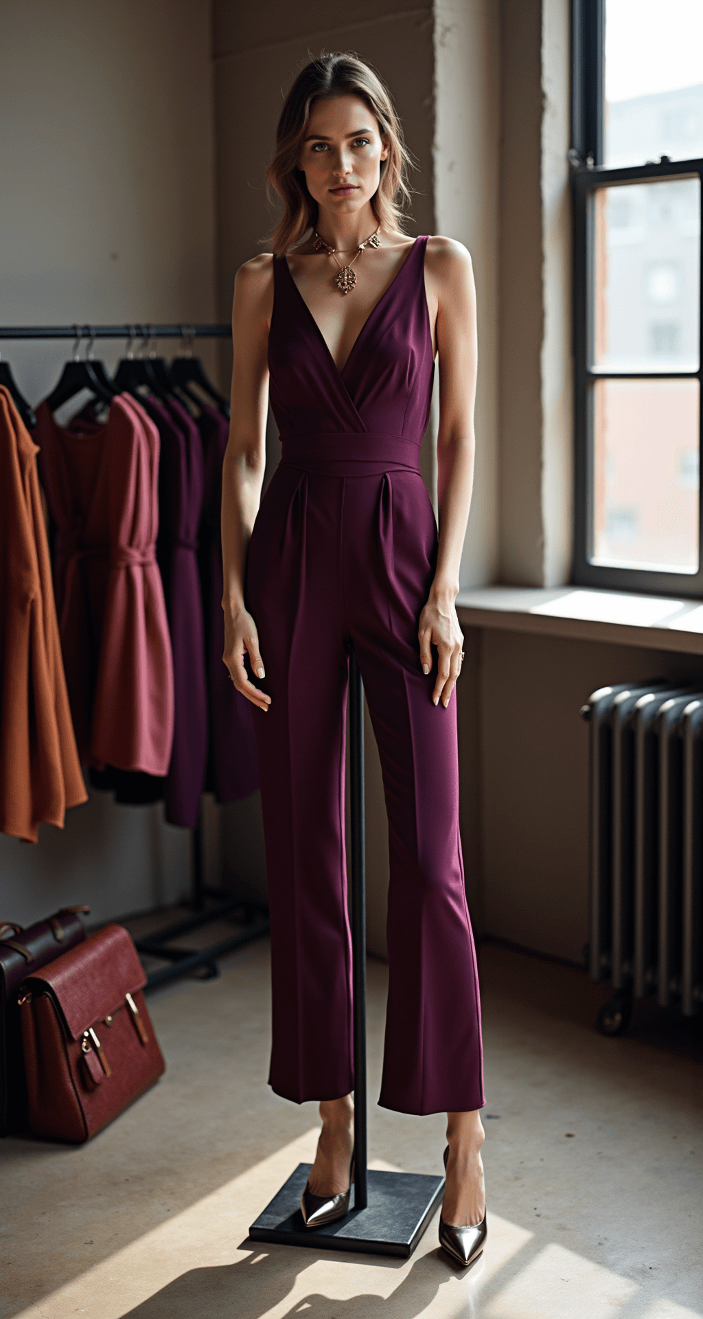 A chic downtown loft with diffused morning light showcasing a sophisticated deep plum jumpsuit on a minimalist mannequin, accessorized with geometric gold jewelry and metallic pumps, alongside a selection of evening bags and wrap shawls.
