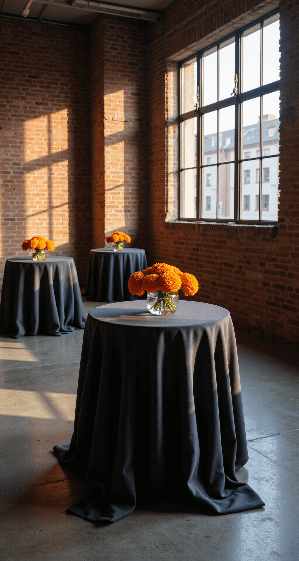 A modern cocktail hour setup in an industrial loft with exposed brick walls and large windows, featuring high tables with charcoal linens and geometric glass vases filled with vibrant orange marigolds, illuminated by ambient uplighting that casts dramatic shadows.
