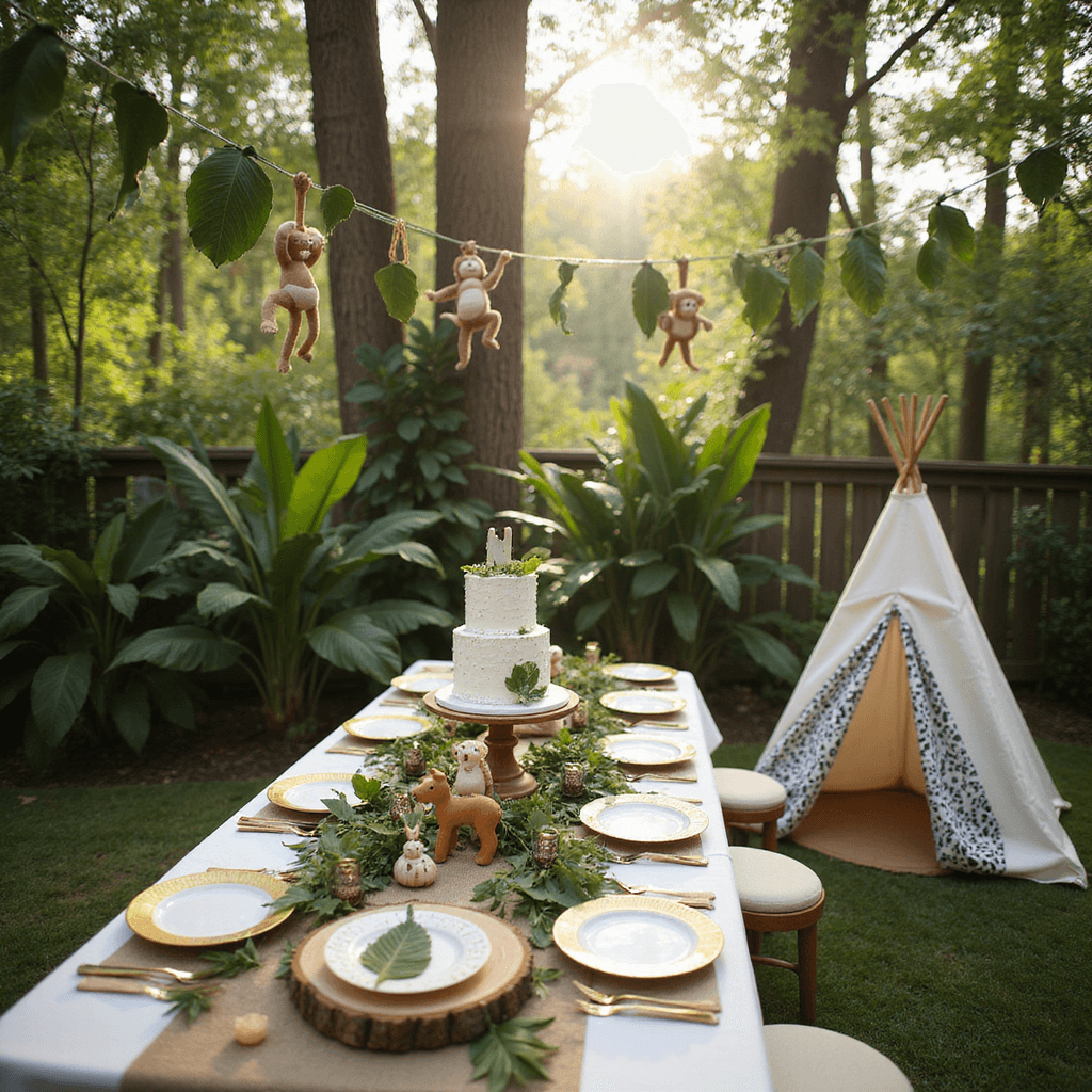 A whimsical 'Wild One Safari Adventure' first birthday party setup in a sunlit garden featuring a long burlap-covered table with greenery and animal figurines, decorated trees with banana leaf garlands and stuffed monkeys, a tiered leaf-covered cake on a wood slice, and a teepee photo booth with animal print fabrics, all under soft, dappled sunlight.