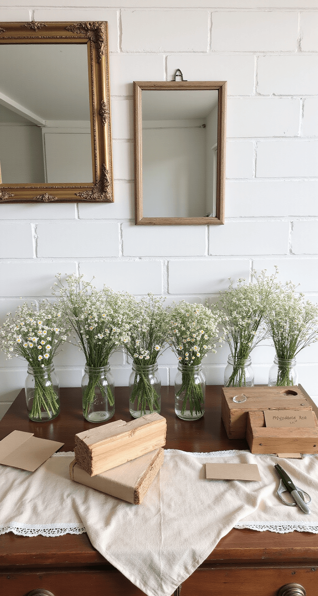 DIY bridesmaid bouquet station with sorted stems of daisies and baby's breath in mason jars on a vintage dresser, featuring a natural linen runner and a wooden wrapping station, all illuminated by soft morning light and reflected in vintage mirrors, with kraft paper instruction cards.