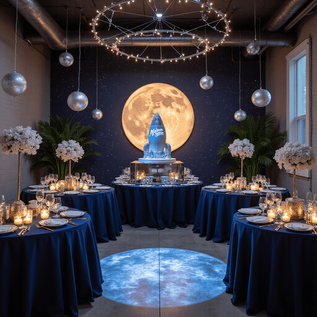 A modern loft decorated for a 'Space Odyssey: First Trip Around the Sun' celebration, featuring a giant moon backdrop with fairy lights, midnight blue table linens, silver star centerpieces, a rocket ship cake on a mirrored platform, hanging planet mobiles, silver balloon constellations, and soft uplighting with a starry projection on the floor.