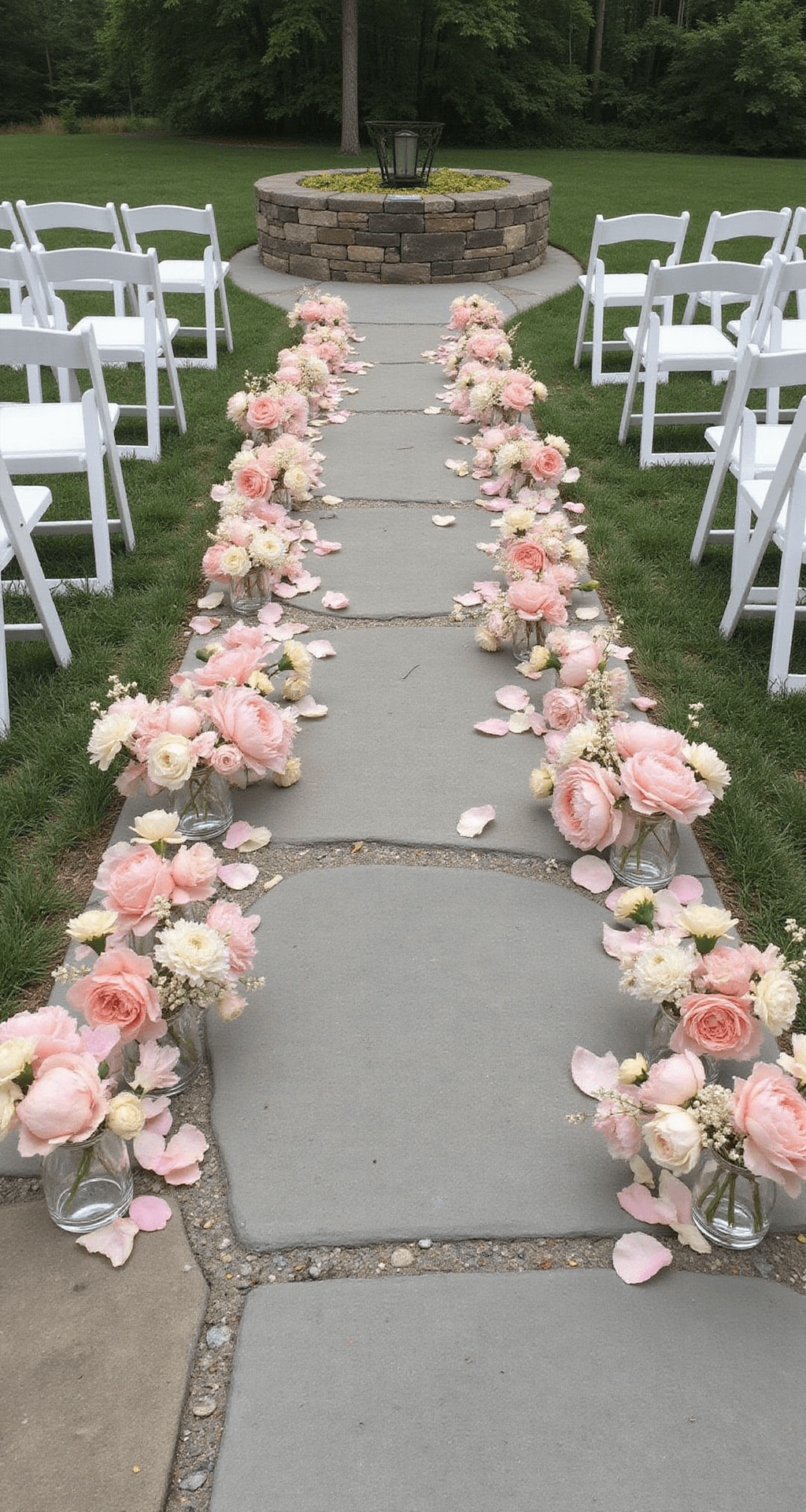 An outdoor garden ceremony aisle featuring a stone pathway lined with large glass hurricanes filled with premium silk peonies and blush garden roses, with organic scattered petals creating a natural look. White wooden chairs are arranged on either side, with small posies tied to the ends, captured from an elevated perspective showcasing the entire design.