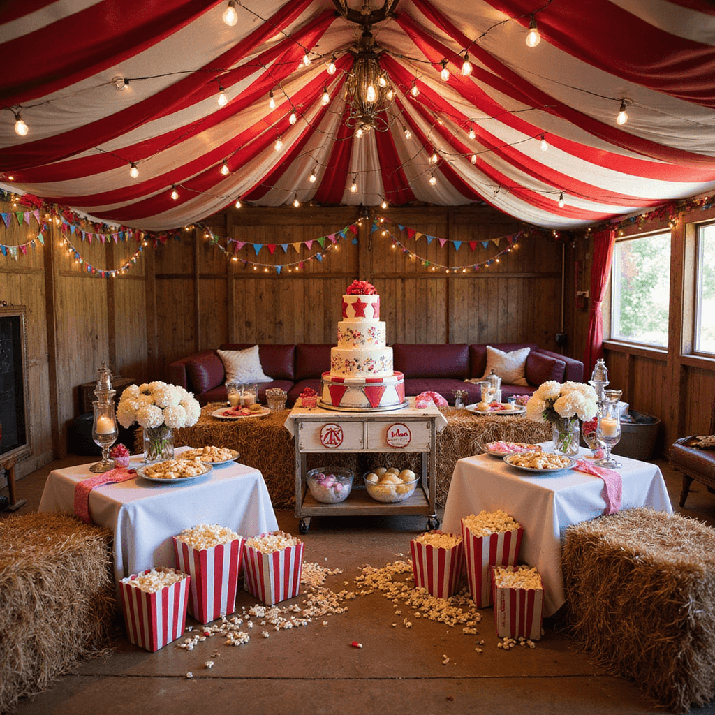 A vibrant circus carnival scene inside a rustic barn, featuring red and white striped drapery, hay bale seating, vintage popcorn boxes, a dessert cart with treats, and a three-tier cake resembling circus drums, all illuminated by string lights and decorated with colorful pennants and game stations.