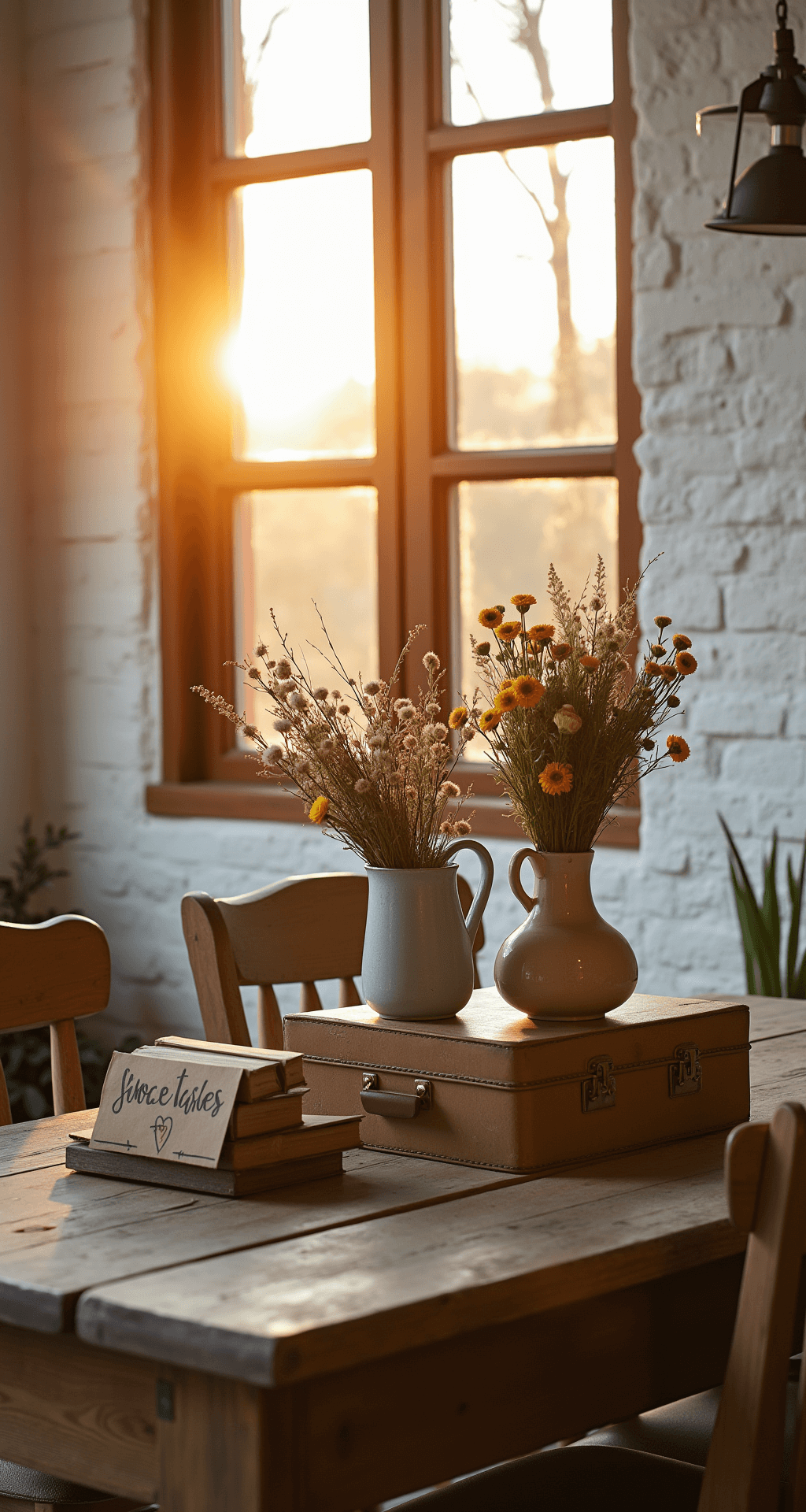 A rustic wooden farm table against a textured white wall, adorned with a simple arrangement of local seasonal wildflowers in mixed vintage vessels, handmade kraft paper signage, and a vintage suitcase for cards. The warm glow of sunset light enhances the thoughtful styling details.