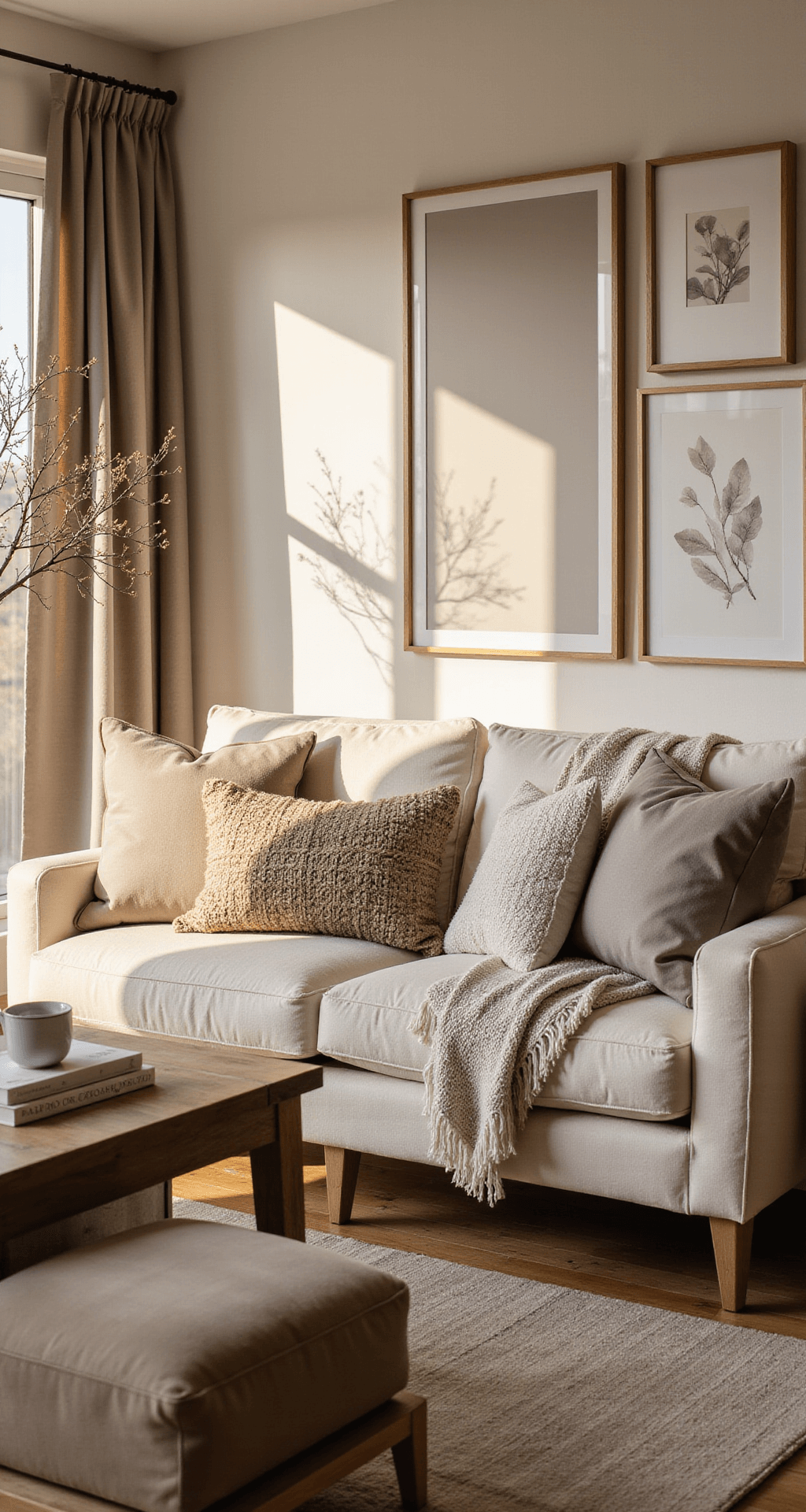 A sunlit modern living room during golden hour, featuring greige walls, a cream sofa, and a wooden coffee table, accented with textured pillows and throws, and enhanced by mirrors reflecting natural light.
