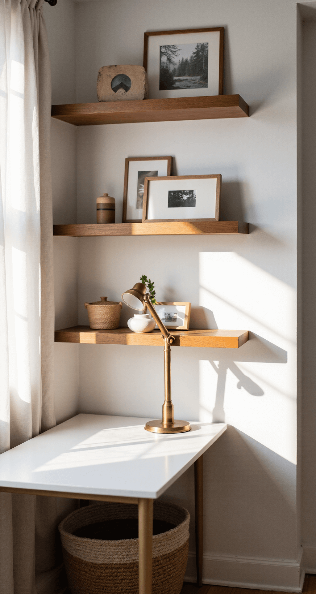 An intimate home office nook bathed in morning light, featuring warm wood floating shelves with curated decor against a soft white wall, a brass task lamp illuminating a minimalist desk, and textured storage baskets below, captured in a close-up with depth of field.