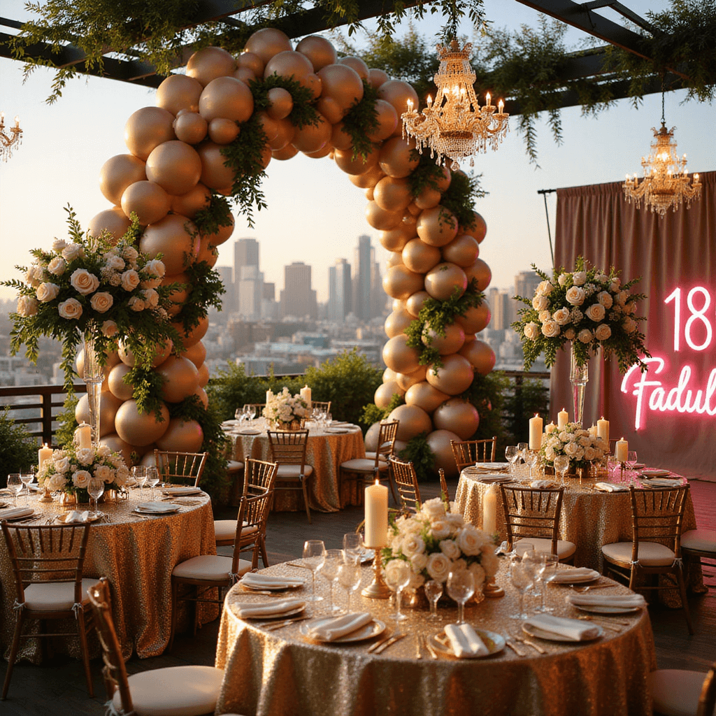 A luxurious 18th birthday celebration on a rooftop terrace, featuring shimmering gold sequin tables, towering floral centerpieces, a metallic balloon arch, warm candlelight on mirrored tables, and twinkling crystal chandeliers, with a neon '18 & Fabulous' sign in a velvet backdrop.