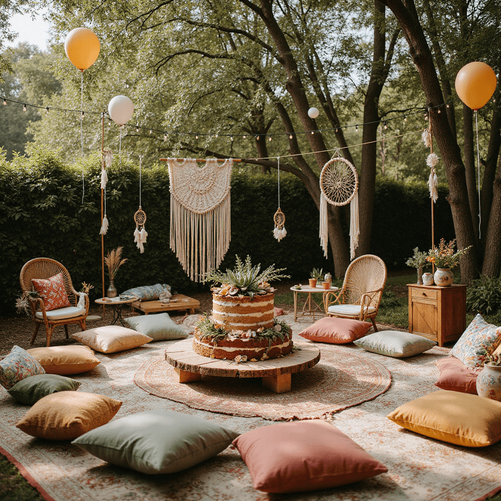 A vibrant boho-chic 18th birthday celebration in a sunny garden, featuring low tables surrounded by plush cushions on vintage rugs, macramé decor hanging from fairy-lit trees, mismatched earthy balloons, and a dessert cart with a naked cake adorned with figs and edible flowers, as guests relax in rattan chairs with colorful throw pillows.