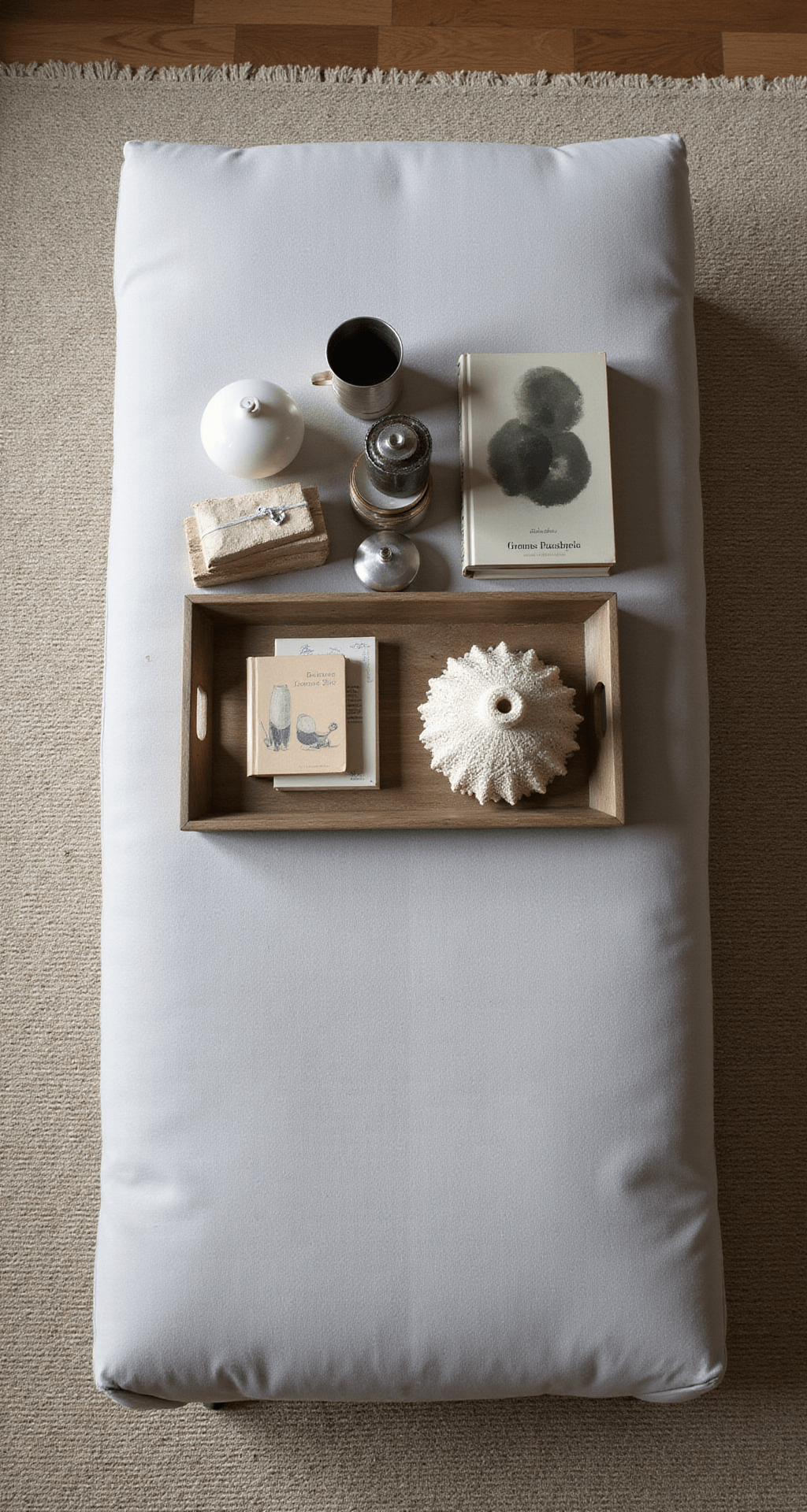 Overhead view of a beautifully styled coffee table vignette featuring a soft grey velvet ottoman with hidden storage, topped with a geometric tray containing coffee table books, ceramics, and metallic objects arranged in groups of three, illuminated by soft afternoon light casting gentle shadows on the textures.