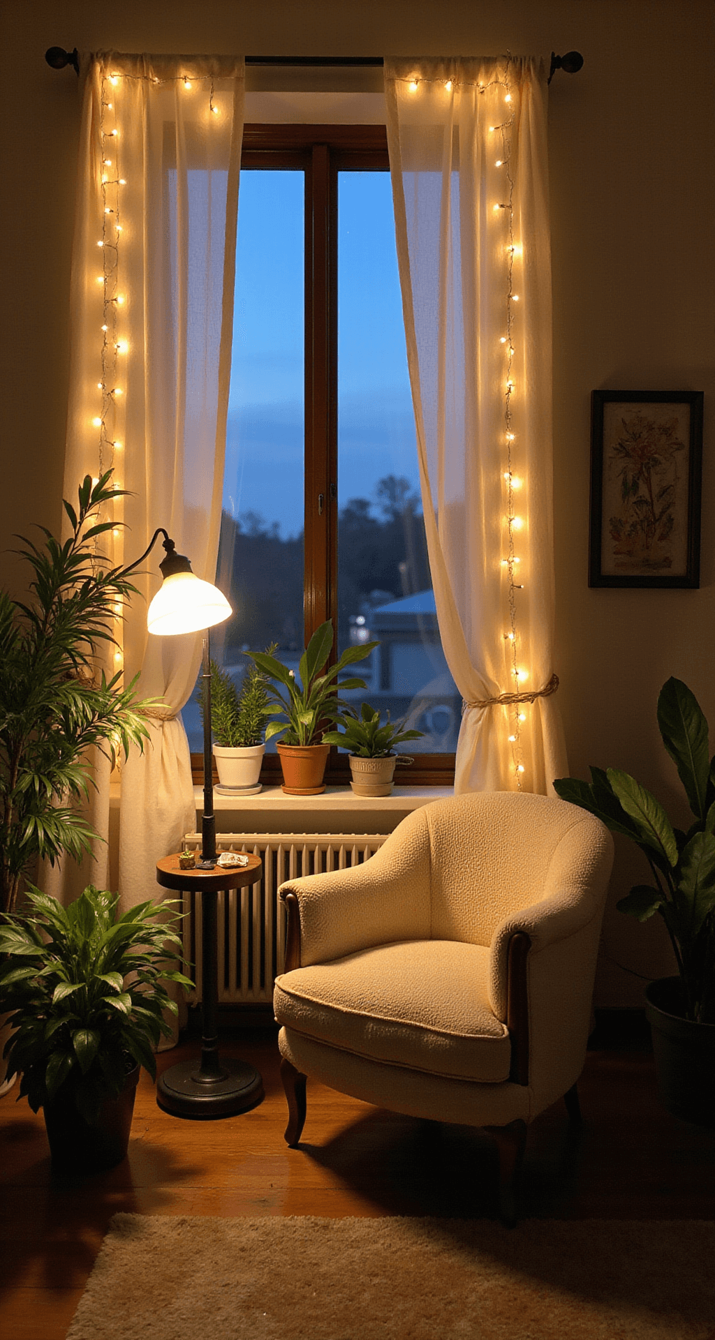 Cozy reading corner at dusk featuring a vintage cream bouclé armchair, gauzy curtains, and warm lighting from a floor lamp, table lamp, and string lights, with grouped plants of varying heights adding organic touches.