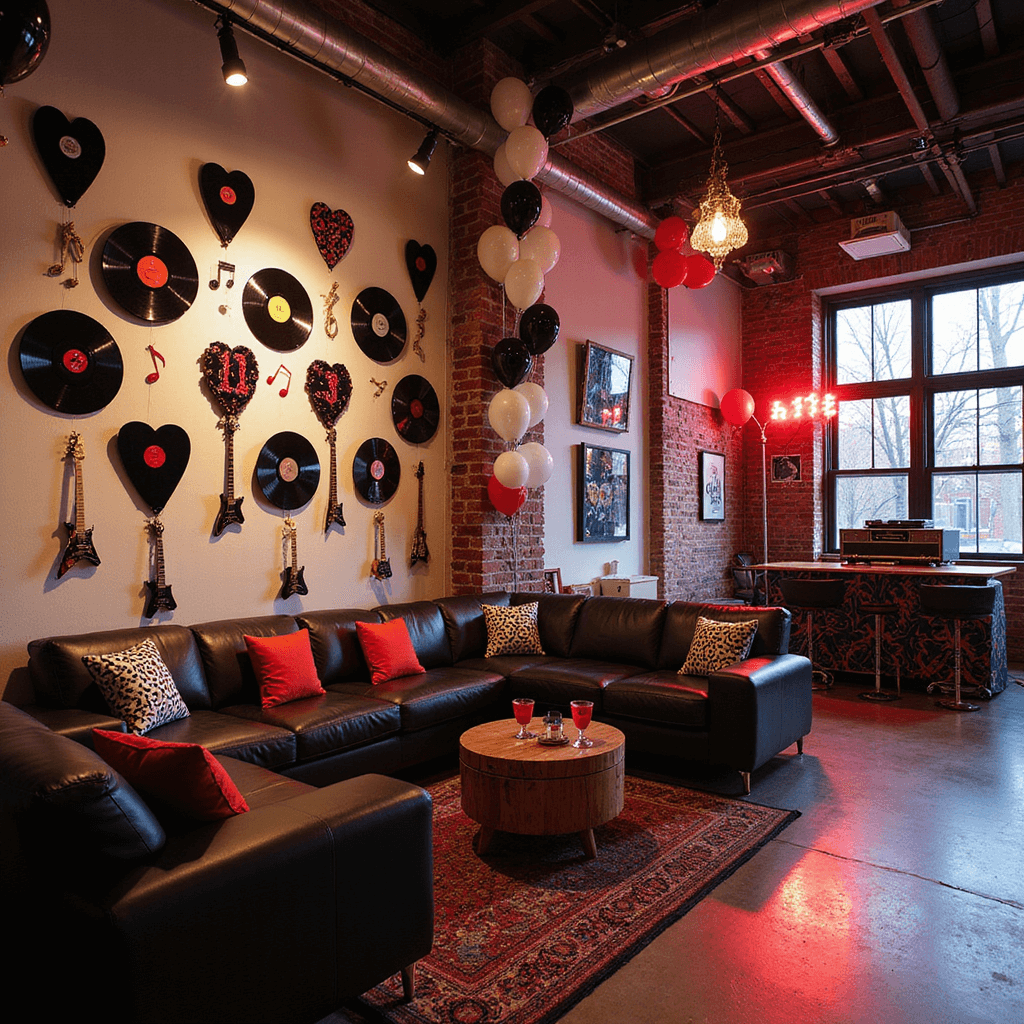 A modern loft birthday party featuring a vinyl record installation spelling '18', musical note garlands, hi-gloss black, white, and red balloons, lounge areas with leather sofas and guitar pick throw pillows, a bar with custom cocktails named after songs, and a colorful LED-lit DJ booth.