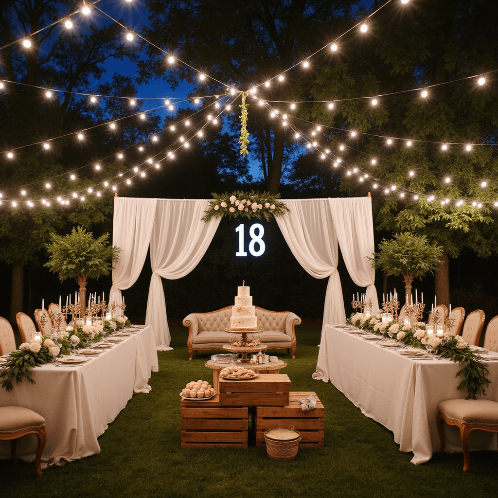 An enchanting backyard decorated for an 18th birthday celebration with twinkling string lights, long farmhouse tables adorned with eucalyptus and white garden roses, a grand floral arch, marquee '18' letters, a stylish cake with macarons on wooden crates, and cozy vintage lounge areas.
