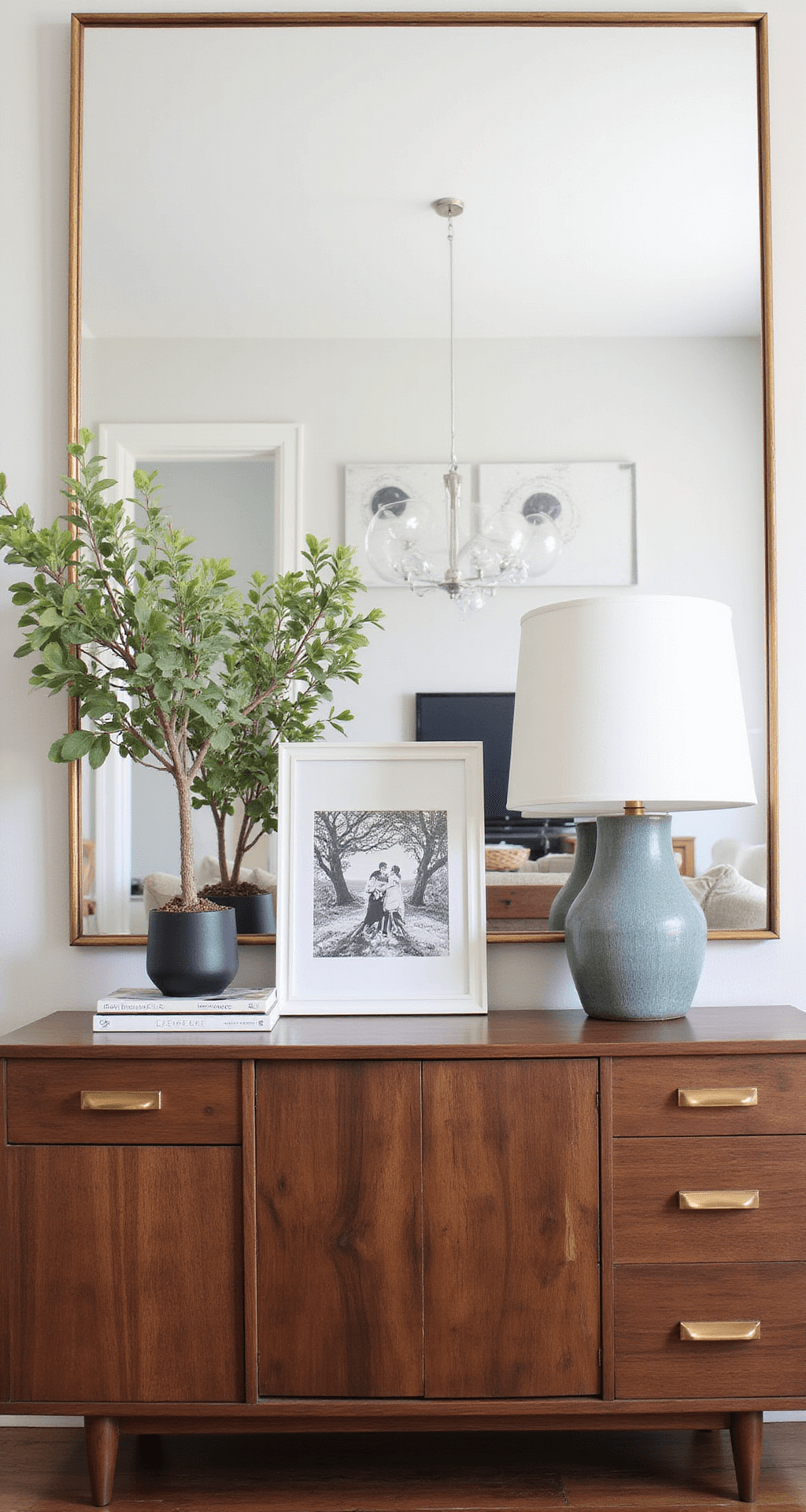 A modern dining area featuring a unique credenza adorned with thrifted decor pieces arranged in elegant triads. The brushed gold hardware contrasts with the dark wood, and a large mirror above reflects natural light, enhancing the space's visual interest. The image is captured straight-on with a soft focus background.