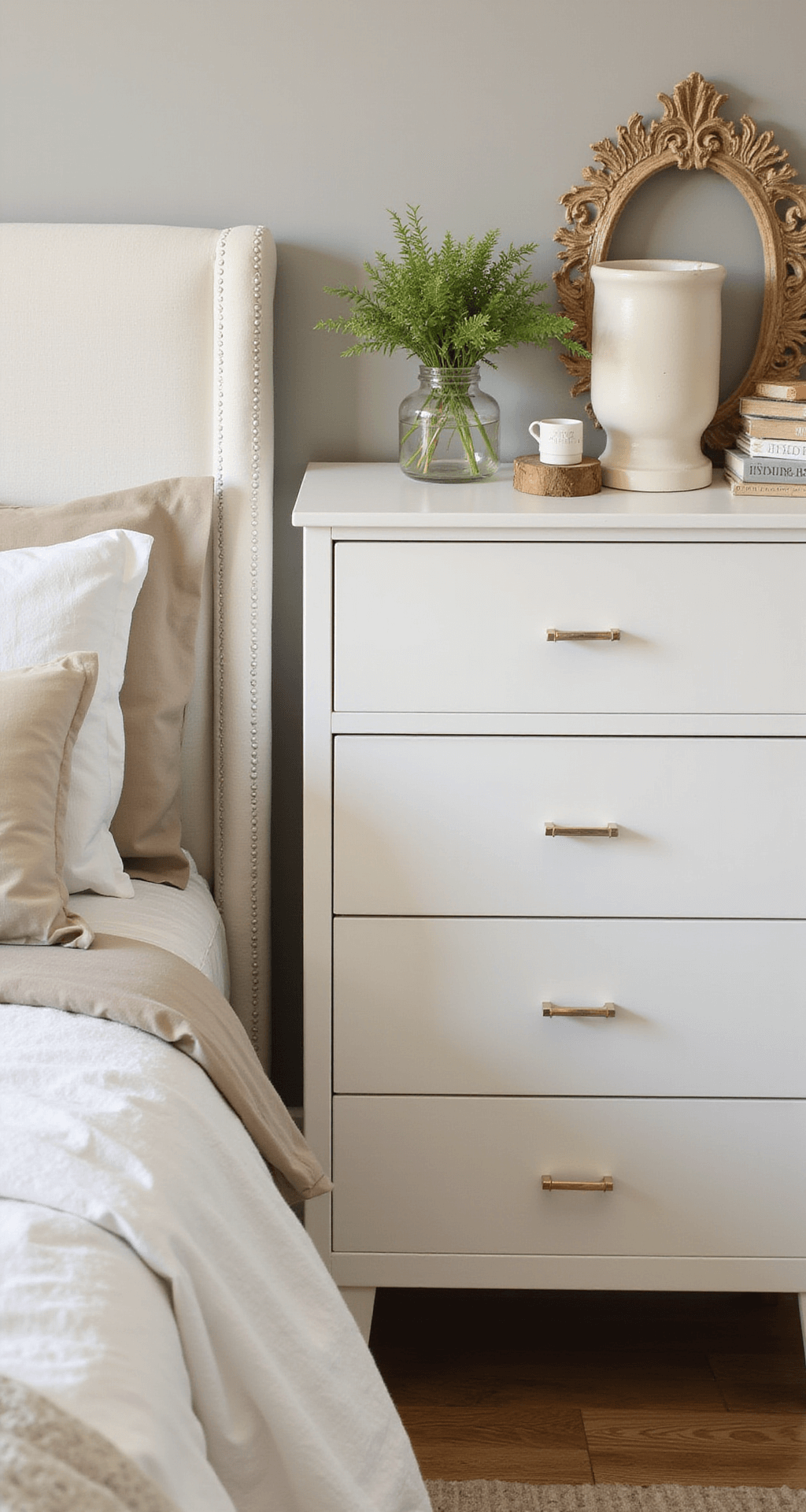 A corner view of a budget-savvy bedroom vignette in soft morning light, featuring chalk white furniture with modern handles, layered beige and cream bedding, and carefully arranged decor accents for visual harmony.