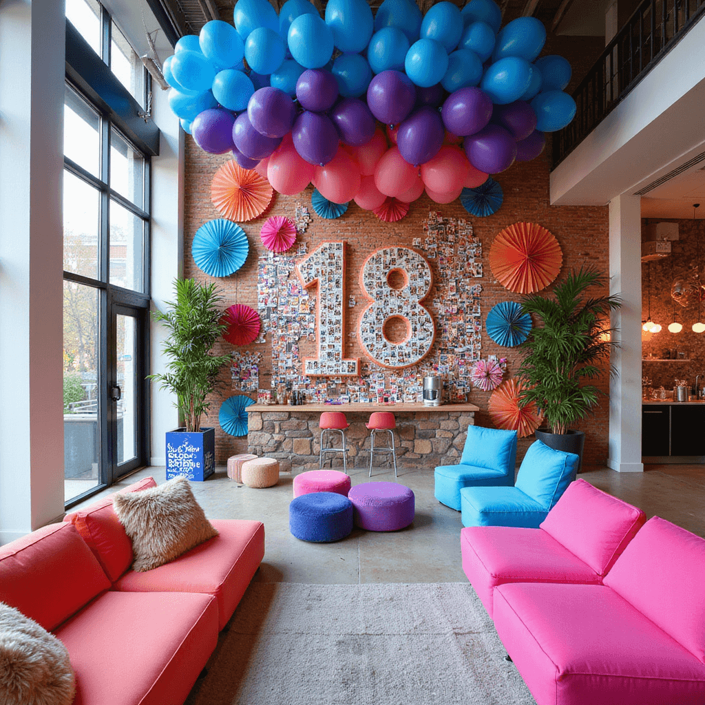 A lively 18th birthday party scene featuring a vibrant indoor-outdoor space with floor-to-ceiling windows, a large balloon installation in ombré shades of blue, purple, and pink, interactive food stations for crepes and ice cream sundaes, modular furniture in bright colors, a Polaroid mosaic spelling '18', and twinkling fairy lights.