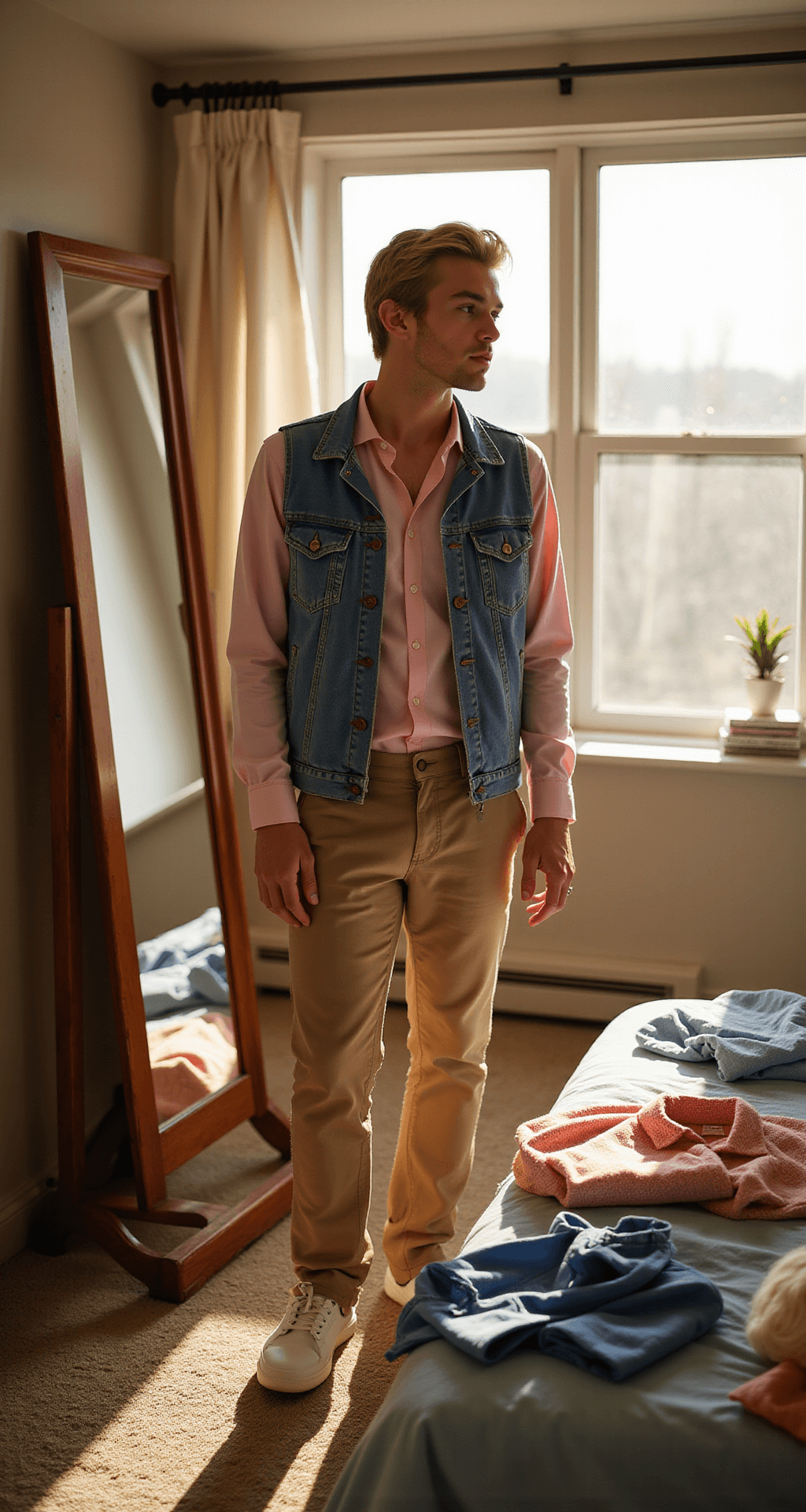 A stylish young man admires his Ken costume in a well-lit bedroom, bathed in golden hour sunlight, with his colorful outfit and accessories displayed on the bed.