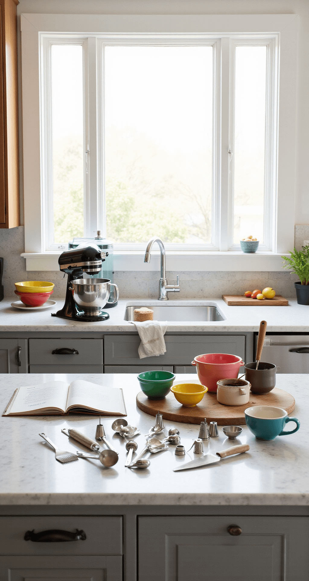 A bright and organized kitchen workspace featuring a stand mixer, colorful mixing bowls, baking tools, and fresh ingredients, all illuminated by soft natural light.