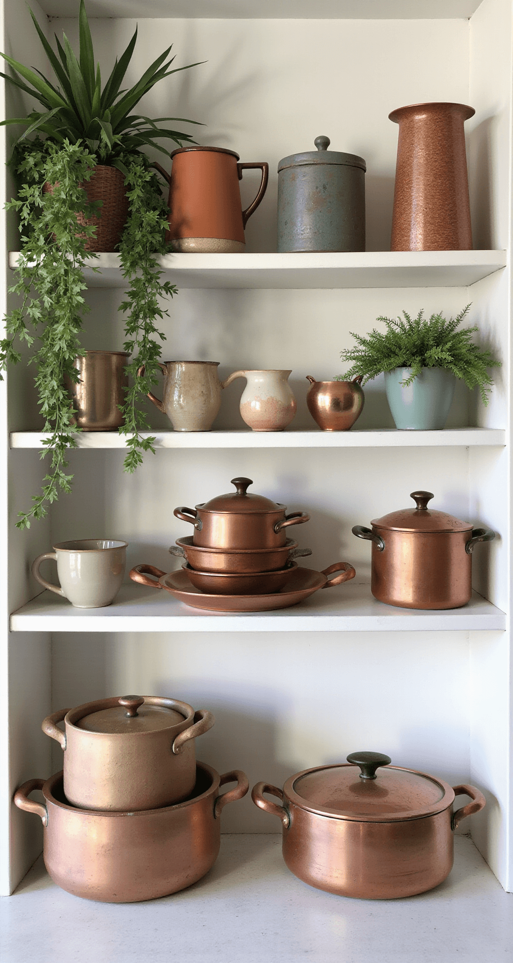 Open kitchen shelving styled with a blend of practical copper cookware and decorative thrifted pottery, enhanced by cascading plants and a cohesive color palette, illuminated by dramatic side lighting.