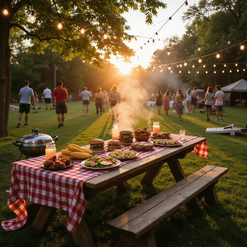 Sizzling Summer Birthday Party Ideas: Your Ultimate Guide to Unforgettable Celebrations A lively backyard BBQ at golden hour, featuring a rustic table with a checkered tablecloth filled with grilled food, string lights overhead, a silver grill emitting smoke, and guests enjoying drinks and games on the lawn, all bathed in warm, golden light.