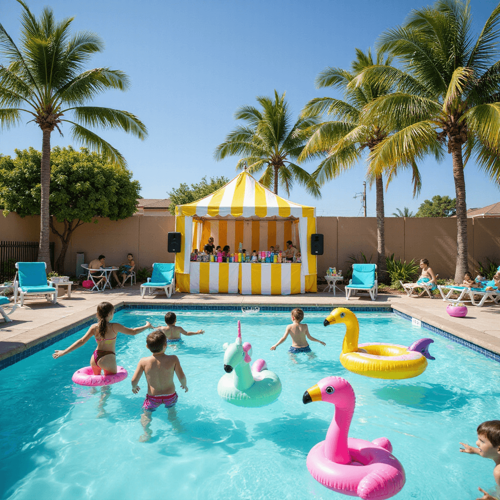 Sizzling Summer Birthday Party Ideas: Your Ultimate Guide to Unforgettable Celebrations A lively pool party scene with children splashing in a turquoise pool decorated with colorful inflatables, a vibrant cabana offering frozen treats, and teens relaxing on floats, all set under sunny skies and swaying palm trees.