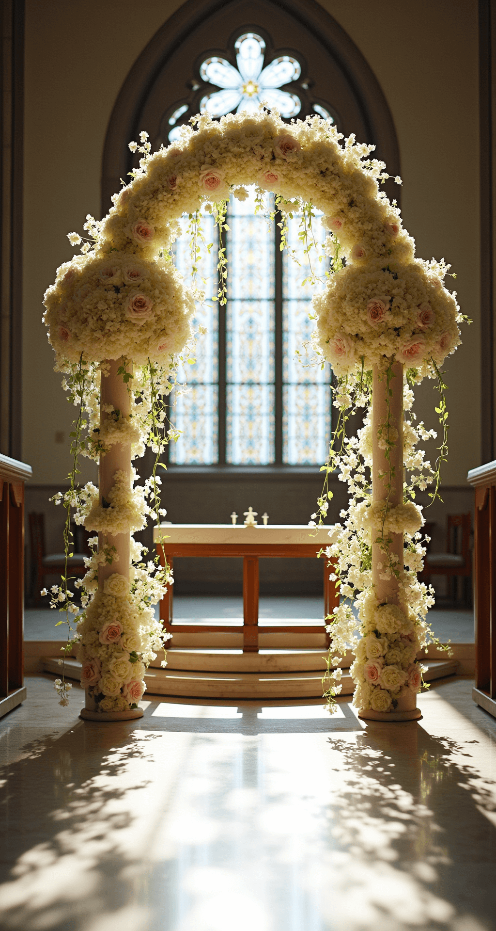 A wide-angle view of a grand wedding altar in a sun-drenched cathedral, featuring towering pedestals of lush hydrangeas and garden roses, softly lit by stained glass windows, with an ornate arch adorned with cascading jasmine and ivy, creating a romantic gradient of cream and blush blooms, and sparkling crystal-wrapped bases.