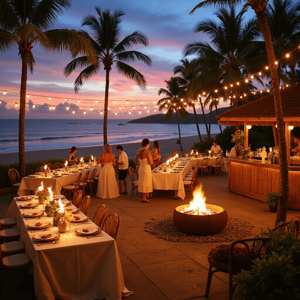 Sizzling Summer Birthday Party Ideas: Your Ultimate Guide to Unforgettable Celebrations A vibrant tropical luau scene at sunset, featuring tiki torches, long tables with colorful centerpieces, guests with leis, a bamboo bar serving cocktails, a cozy fire pit, and glowing string lights against a backdrop of rich orange and purple skies.