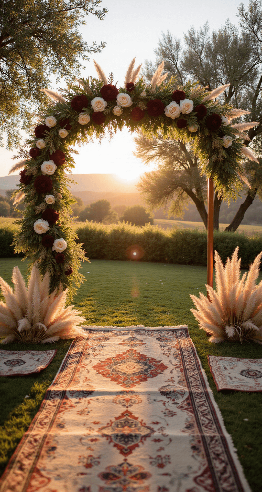 An intimate outdoor wedding ceremony setup featuring a modern asymmetrical copper arch adorned with burgundy peonies, cream garden roses, and pampas grass, bathed in warm amber light during golden hour. Vintage Persian rugs line the aisle, with mature olive trees and the setting sun in the background, creating a dreamy atmosphere.