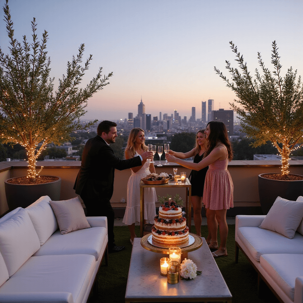 Sizzling Summer Birthday Party Ideas: Your Ultimate Guide to Unforgettable Celebrations An elegant rooftop birthday soirée at dusk featuring white lounge furniture, gold geometric candle holders, and a dessert cart with a tiered naked cake. Fairy lights illuminate potted olive trees against a backdrop of a twinkling city skyline, as guests in cocktail attire celebrate with champagne flutes.