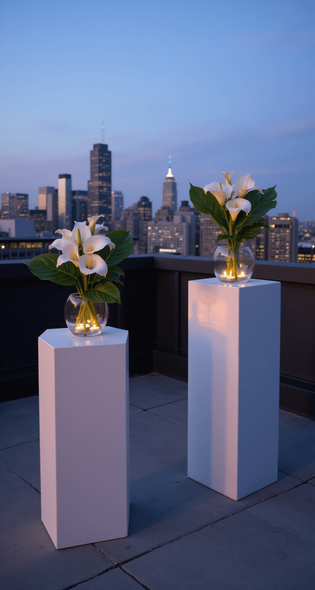 A minimalist rooftop ceremony space at blue hour, featuring white geometric pedestals with calla lilies and monstera leaves, modern glass vessels with floating candles, and the Manhattan skyline illuminated by sunset hues.
